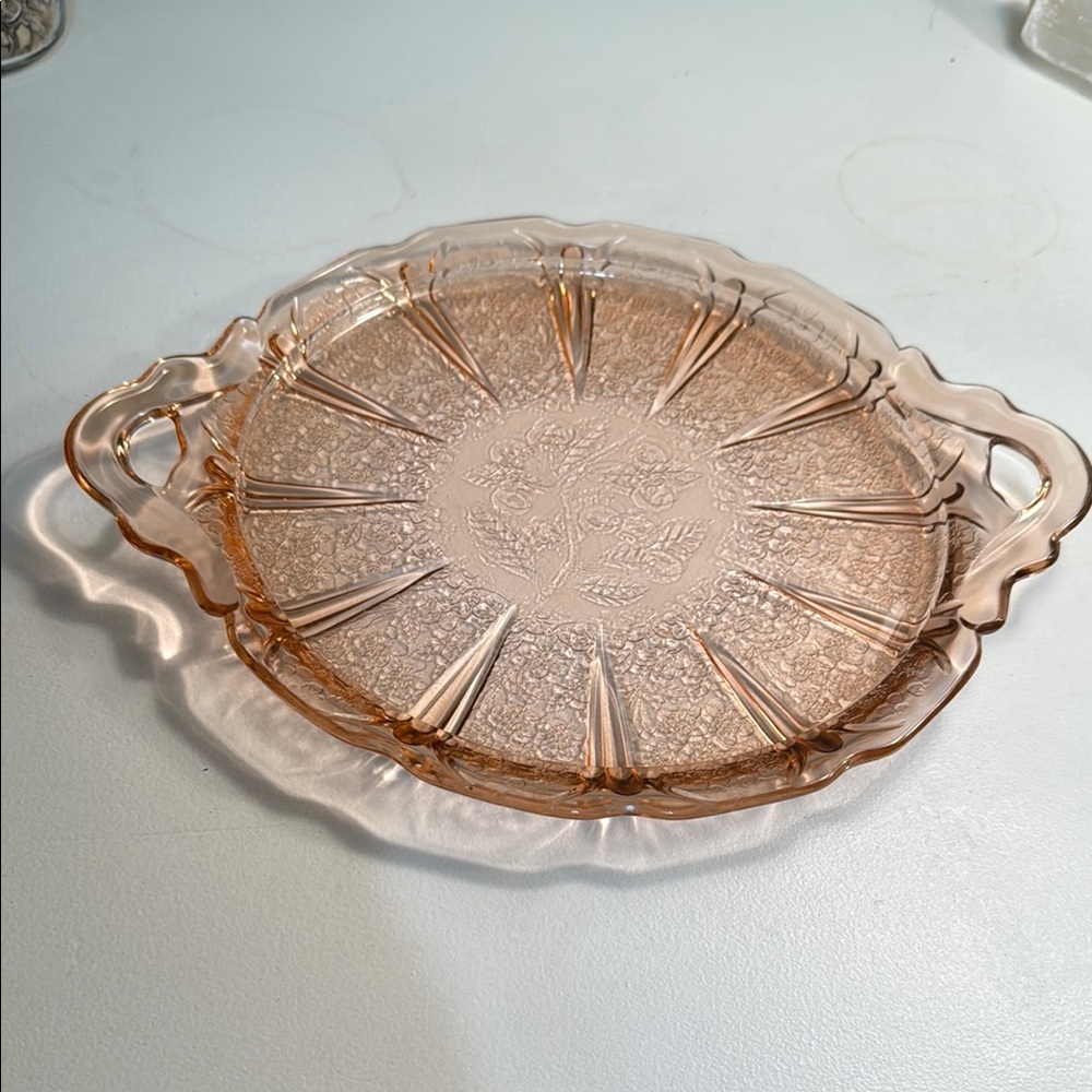 🍄Cherry Blossom Depression Jeanette glass 2 handled tray, cake serving platter